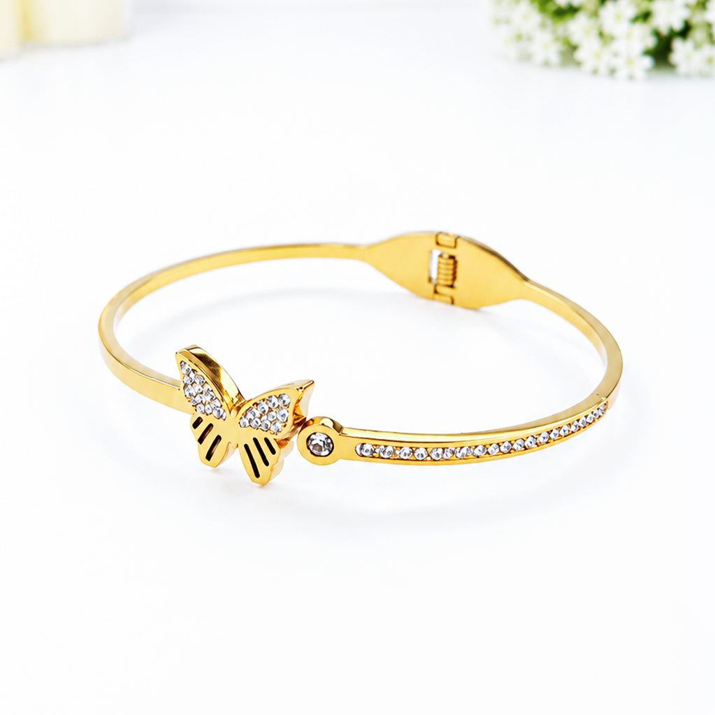Elegant gold-plated butterfly bangle bracelet with sparkling crystal embellishments
