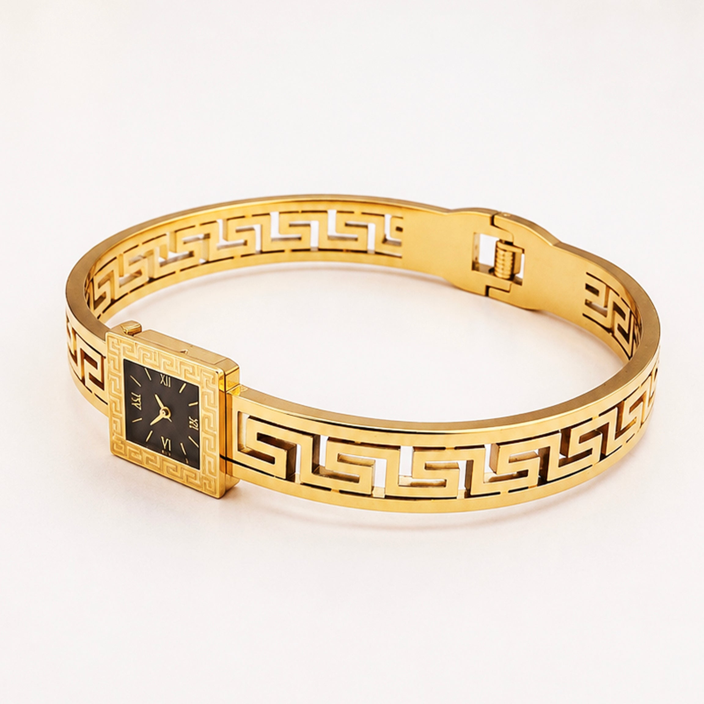Elegant gold Greek key pattern bangle watch with a black square face.