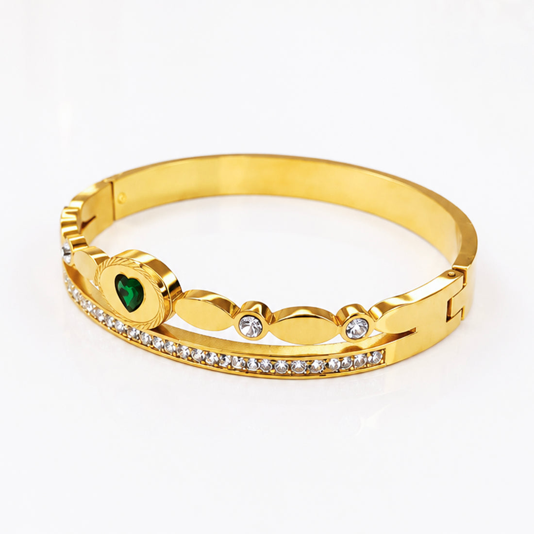 Gold-plated bangle bracelet with a green heart gemstone and sparkling cubic zirconia crystals