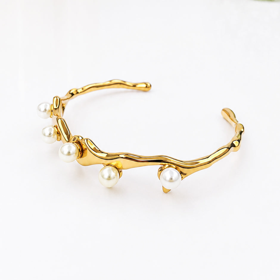 Golden Pearl Wave Cuff Bracelet