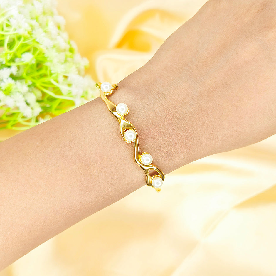 Golden Pearl Wave Cuff Bracelet