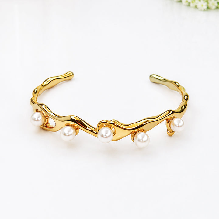Golden Pearl Wave Cuff Bracelet