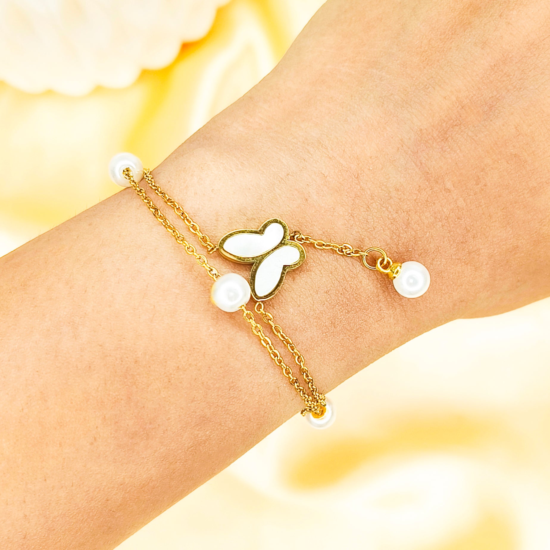 Golden Butterfly Pearl Hand Chain Bracelet