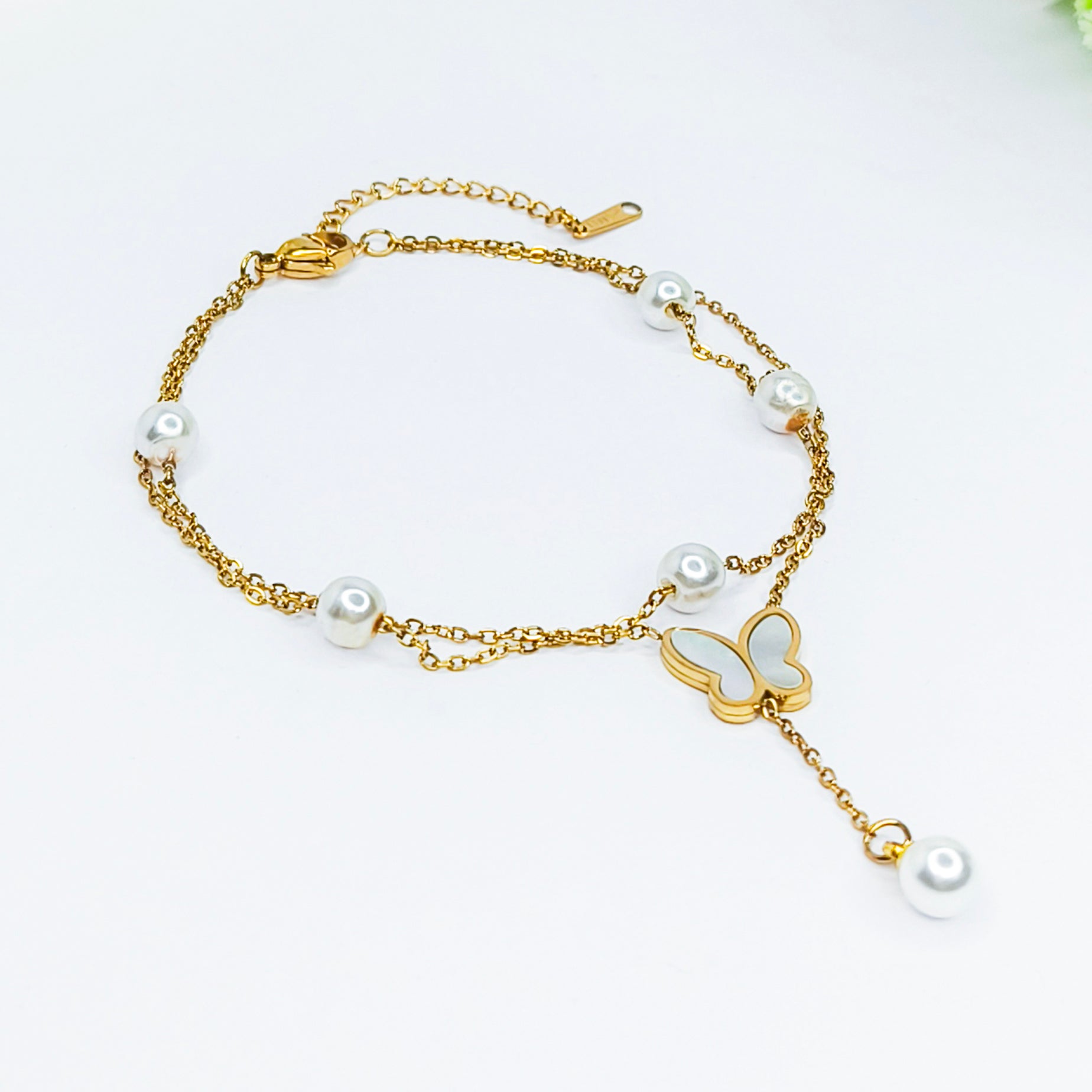 Golden Butterfly Pearl Hand Chain Bracelet