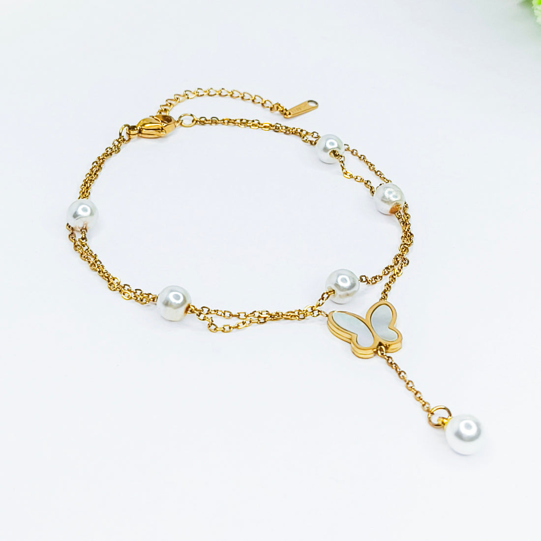 Golden Butterfly Pearl Hand Chain Bracelet