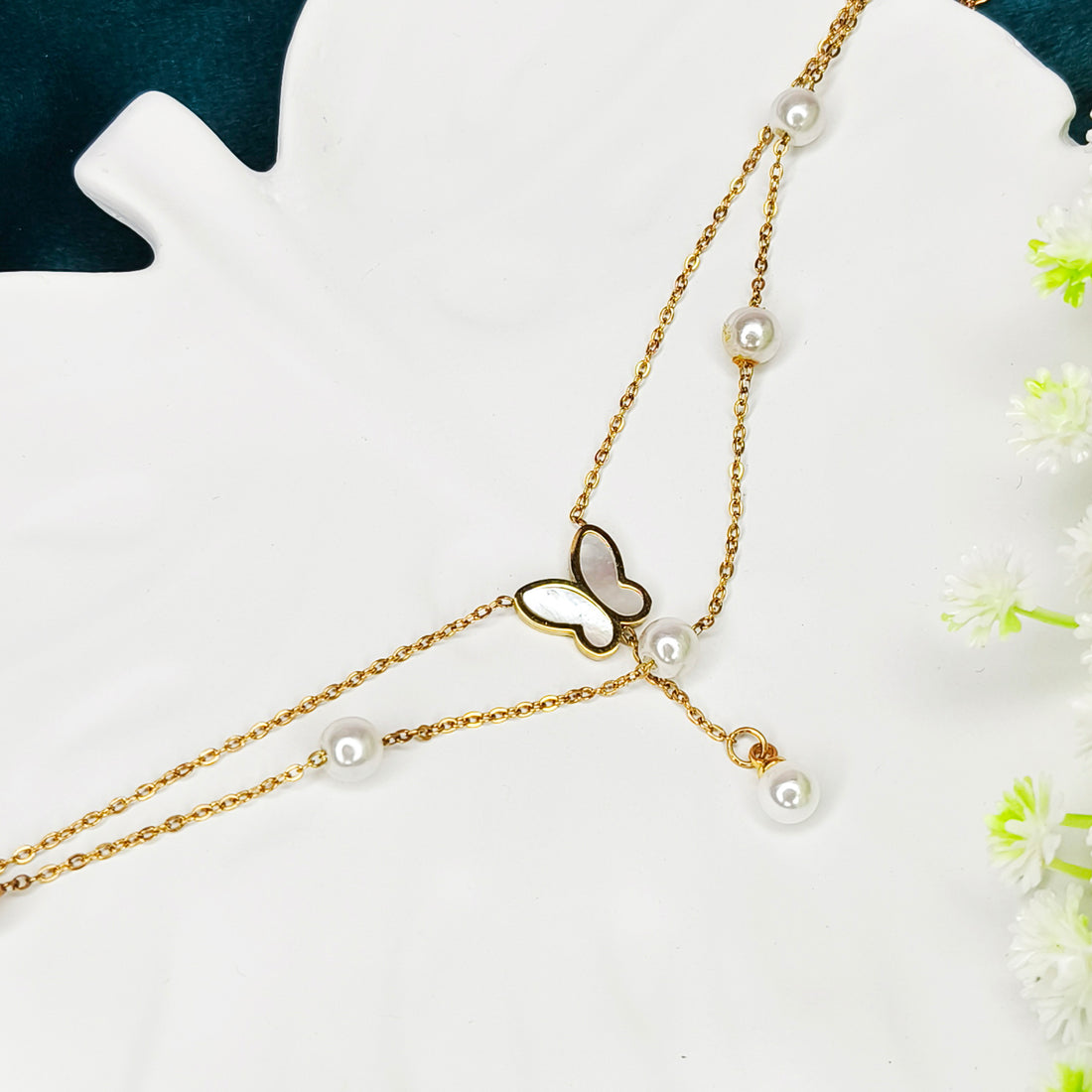 Golden Butterfly Pearl Hand Chain Bracelet