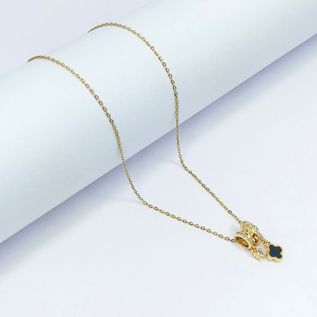 Black Clover & Crystal Dangle Pendant Necklace