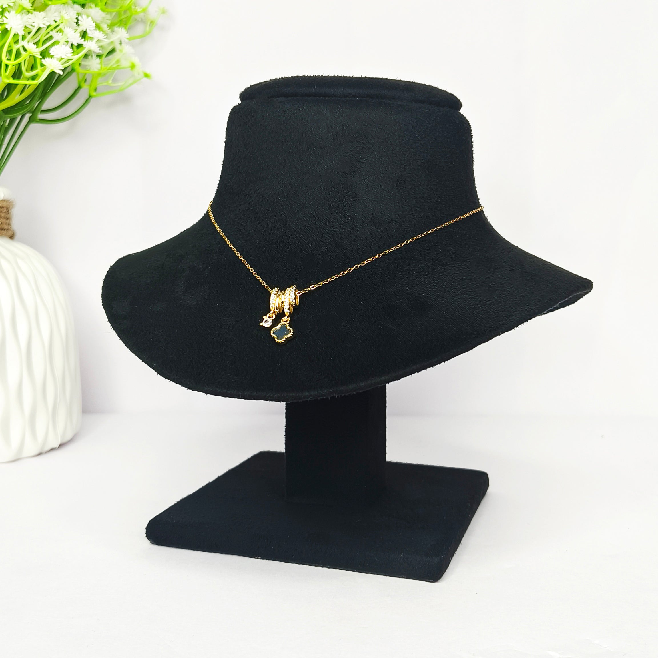 Black Clover & Crystal Dangle Pendant Necklace