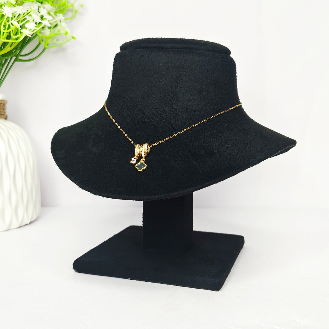 Black Clover & Crystal Dangle Pendant Necklace