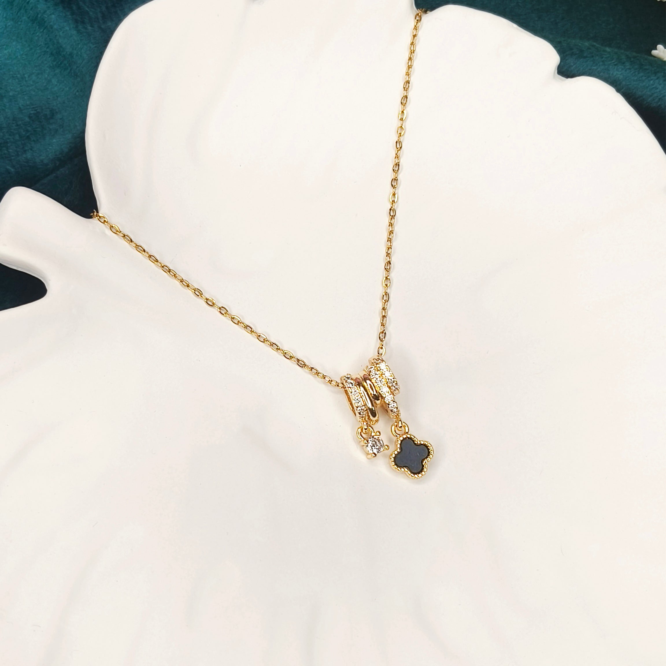 Black Clover & Crystal Dangle Pendant Necklace