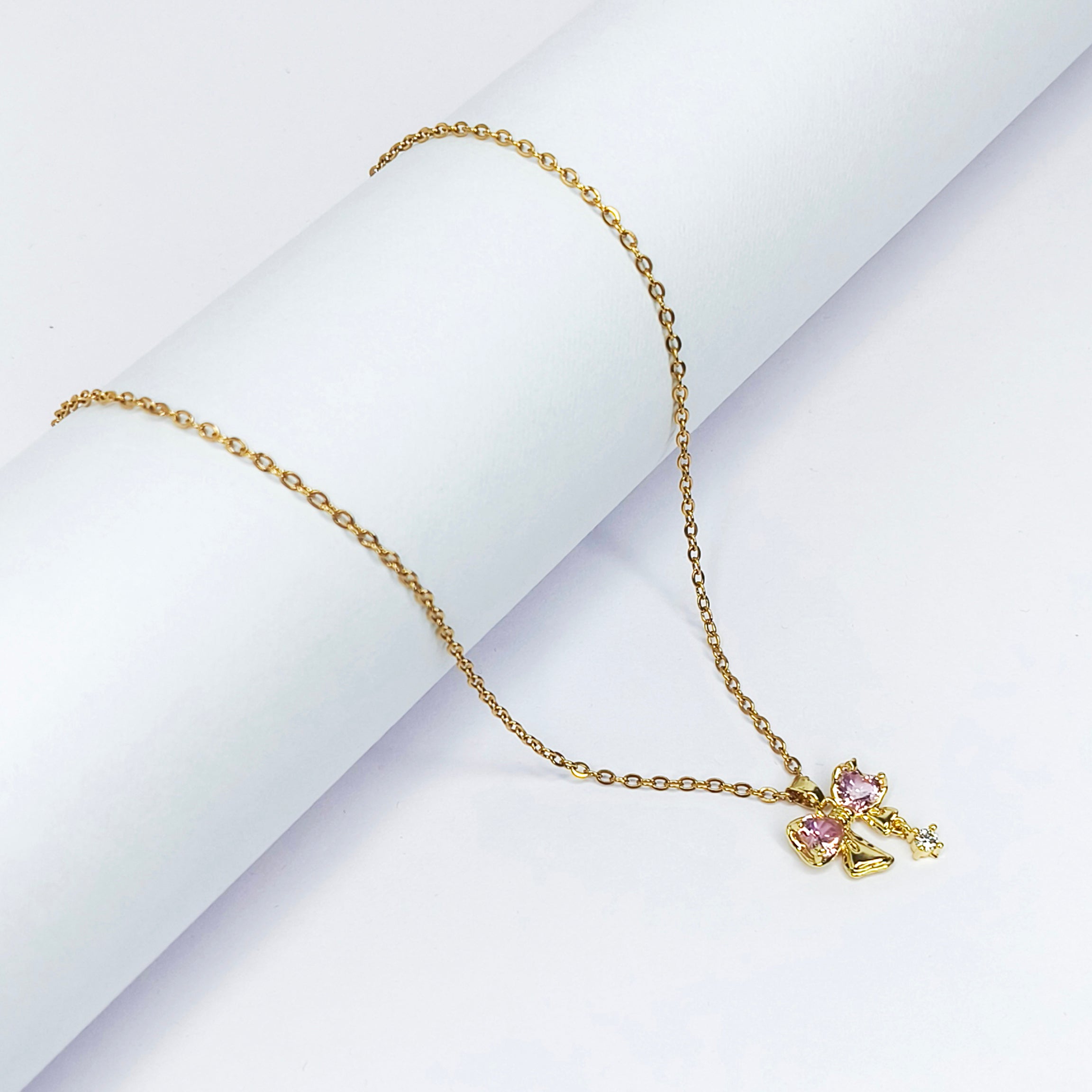 Rosy Bow Charm Necklace