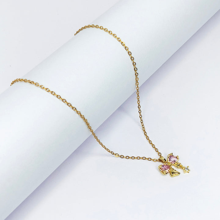 Rosy Bow Charm Necklace