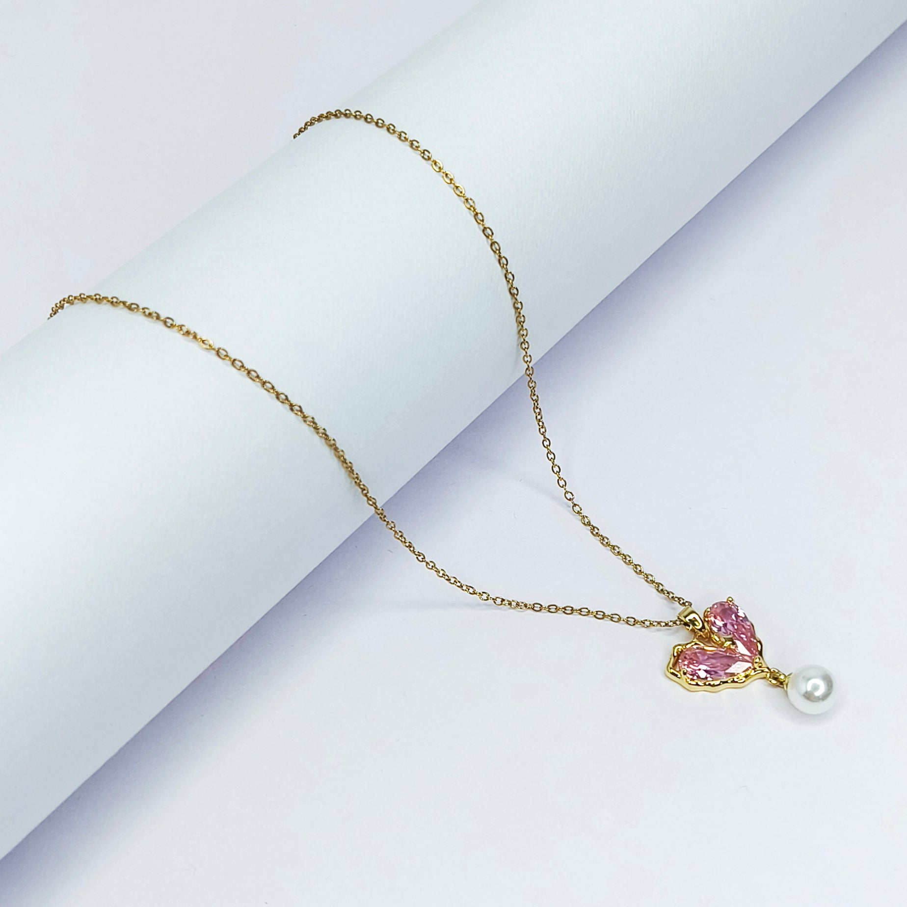 Pink Butterfly Pearl Charm Necklace
