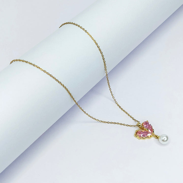Pink Butterfly Pearl Charm Necklace