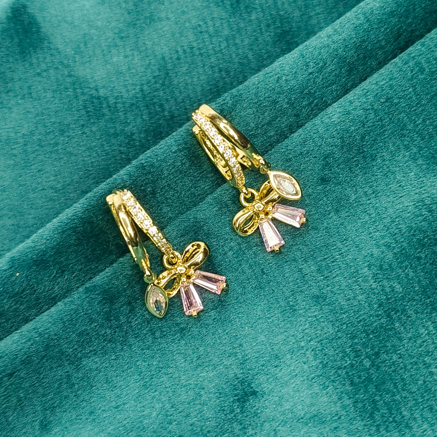 Pink Crystal Bow Huggie Earrings