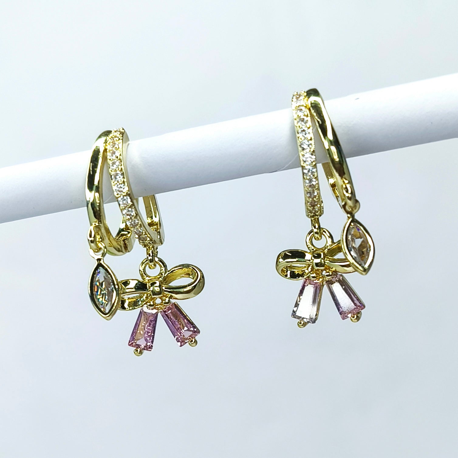 Pink Crystal Bow Huggie Earrings