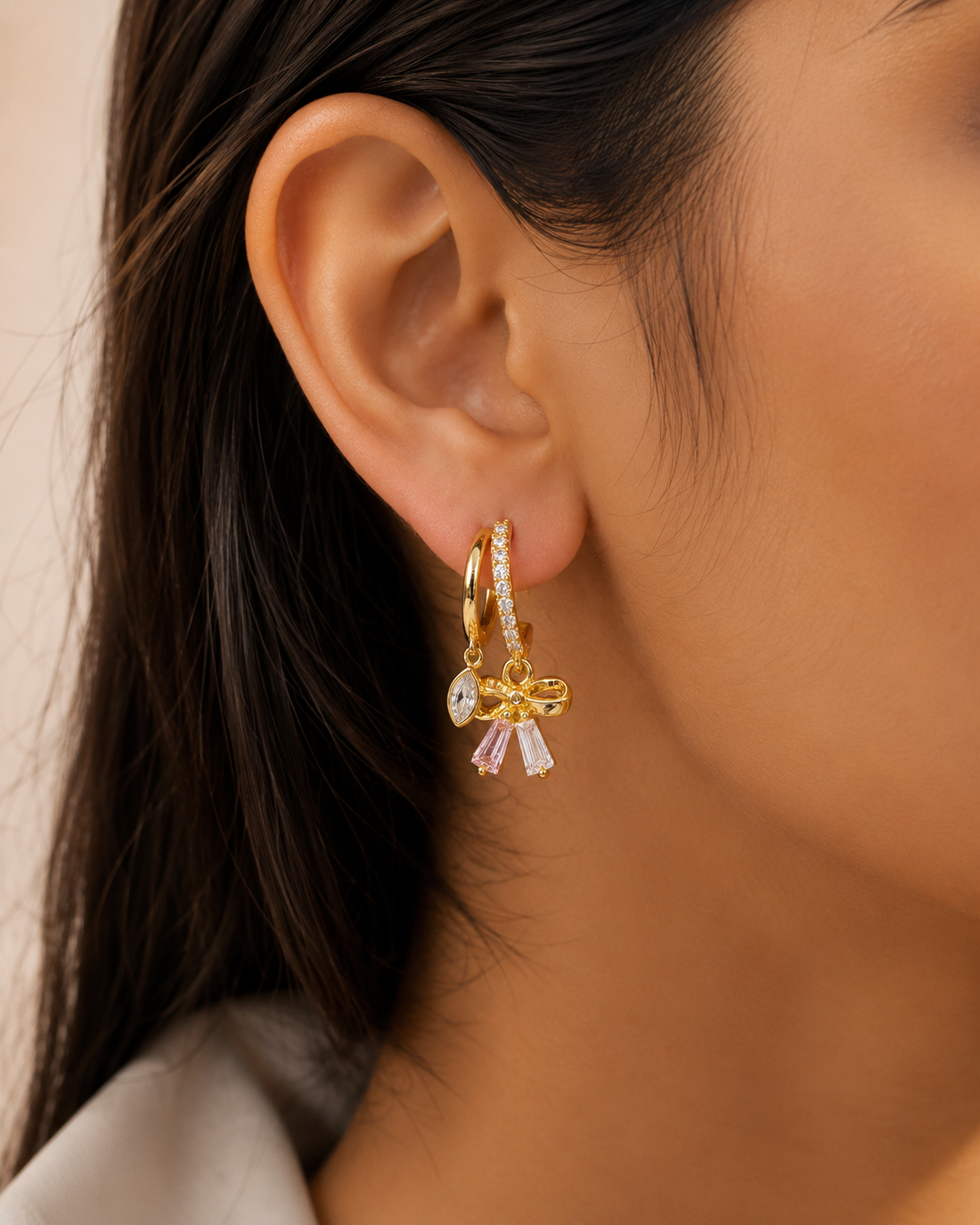 Pink Crystal Bow Huggie Earrings