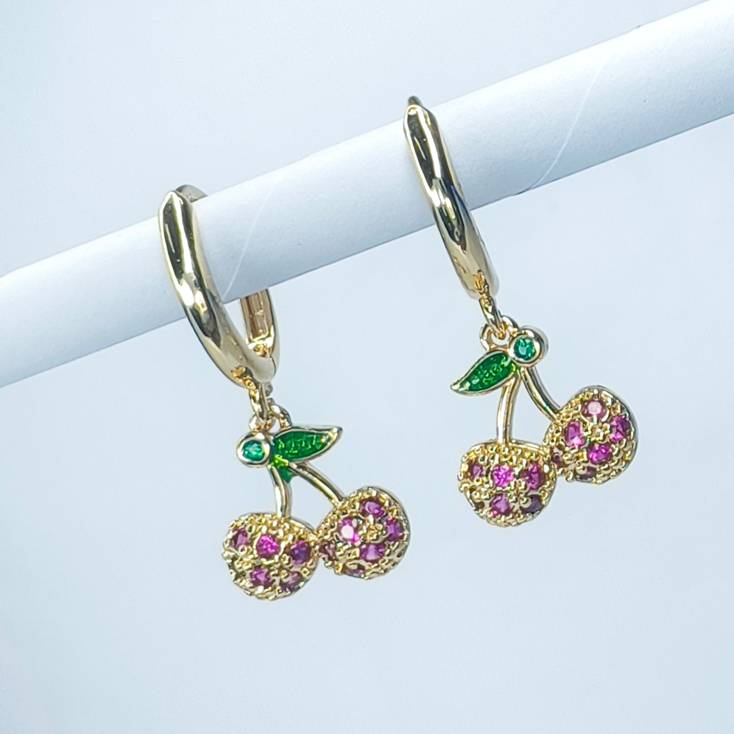 Pink Cherry Charm Hoop Earrings