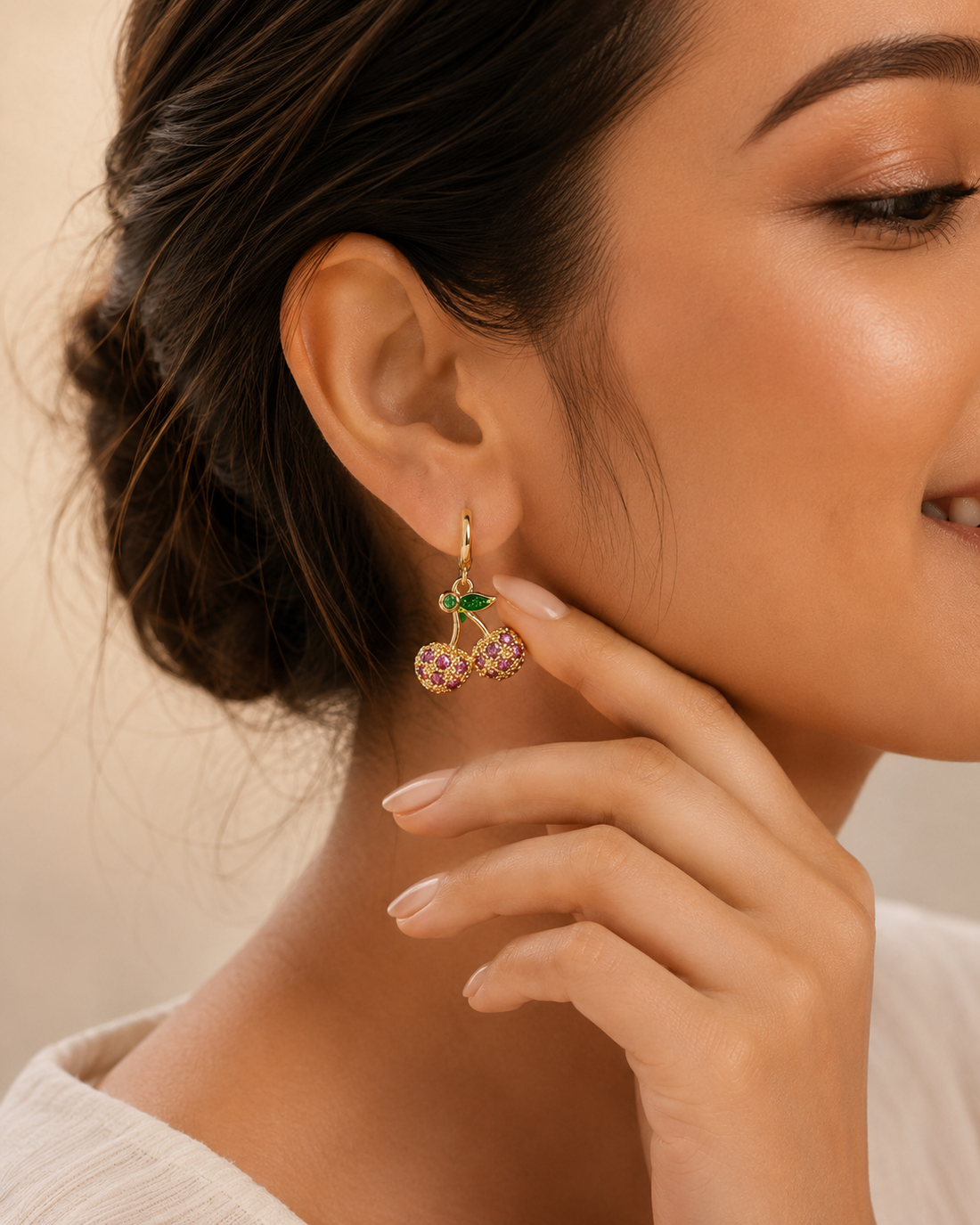 Pink Cherry Charm Hoop Earrings