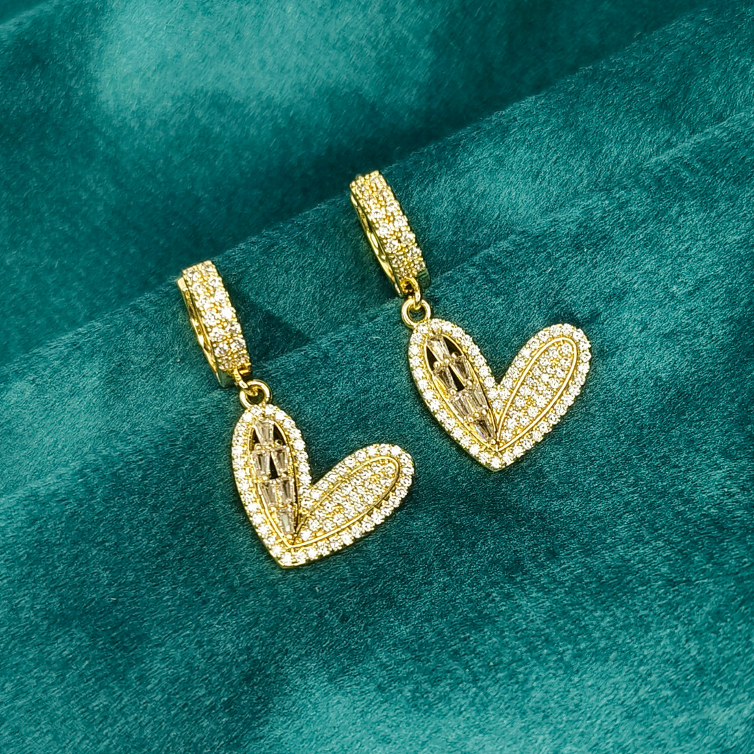 Golden Crystal Heart Drop Earrings