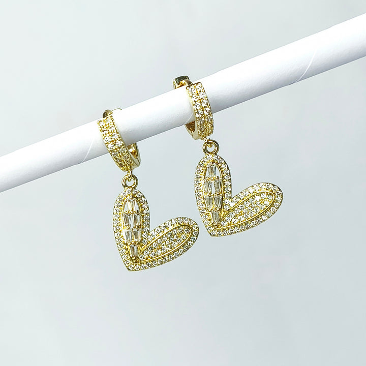 Golden Crystal Heart Drop Earrings