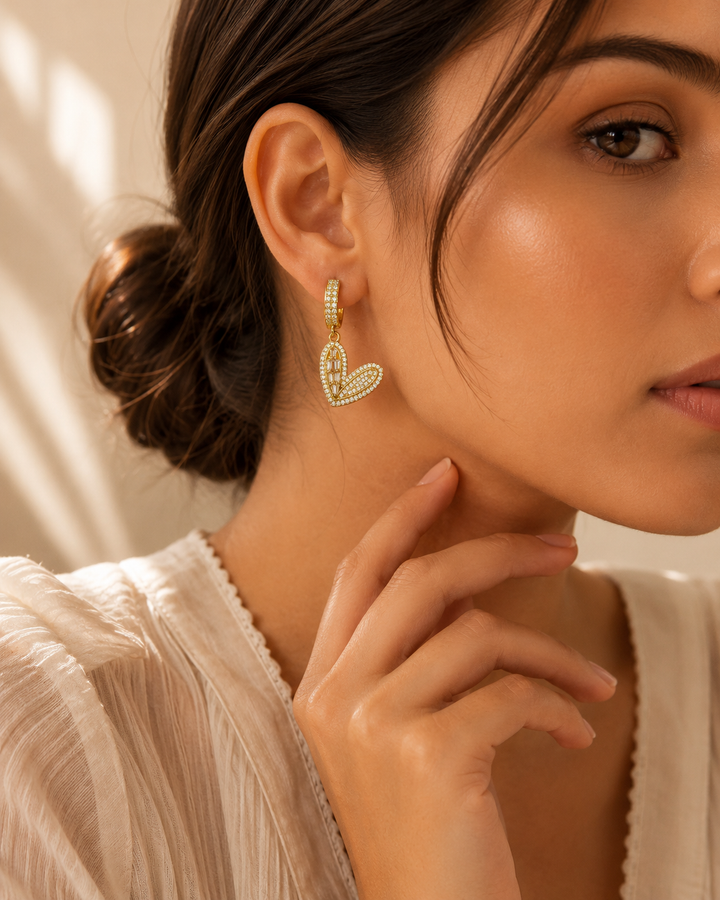 Golden Crystal Heart Drop Earrings