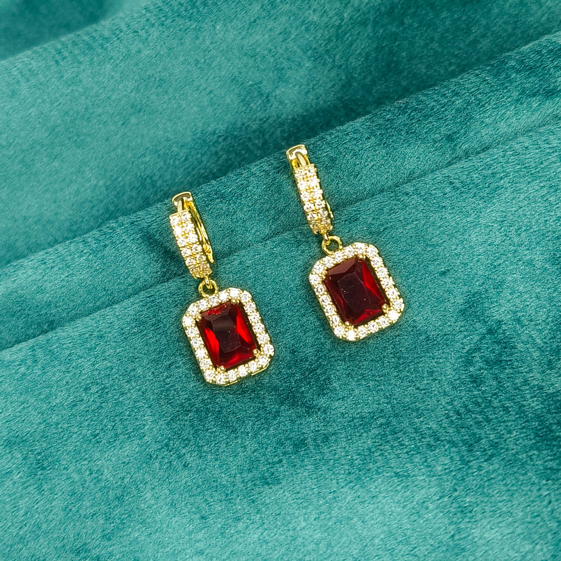 Ruby Halo Rectangle Huggie Earrings