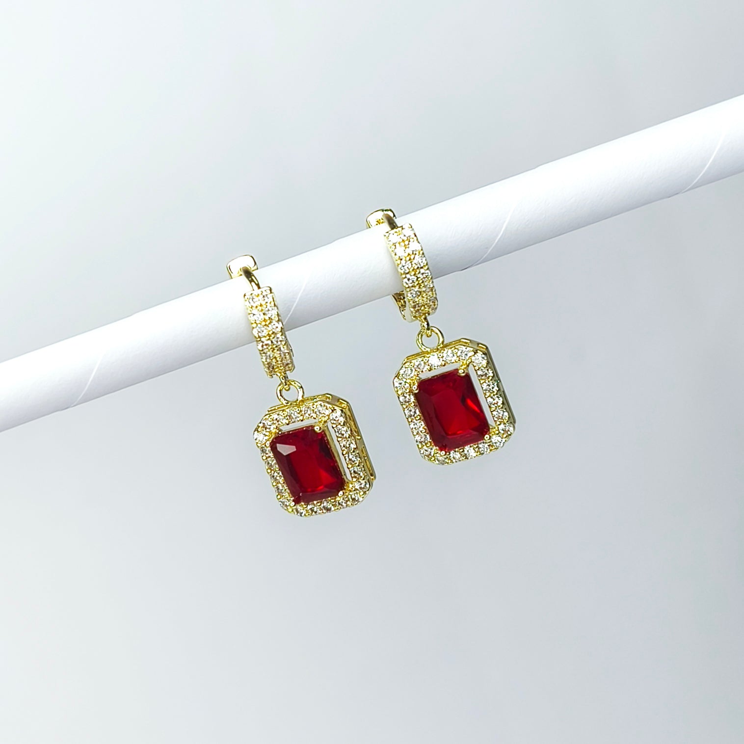 Ruby Halo Rectangle Huggie Earrings