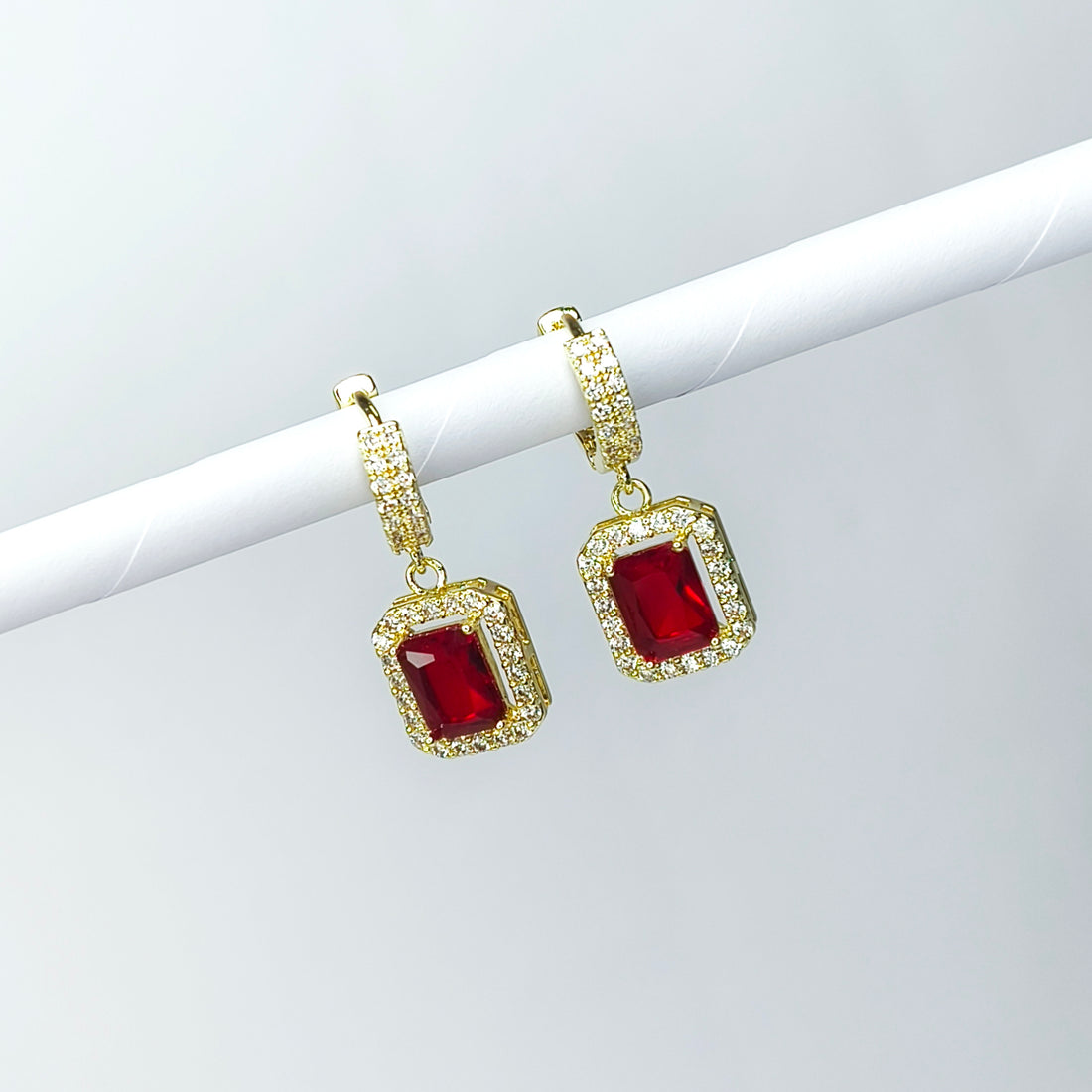Ruby Halo Rectangle Huggie Earrings