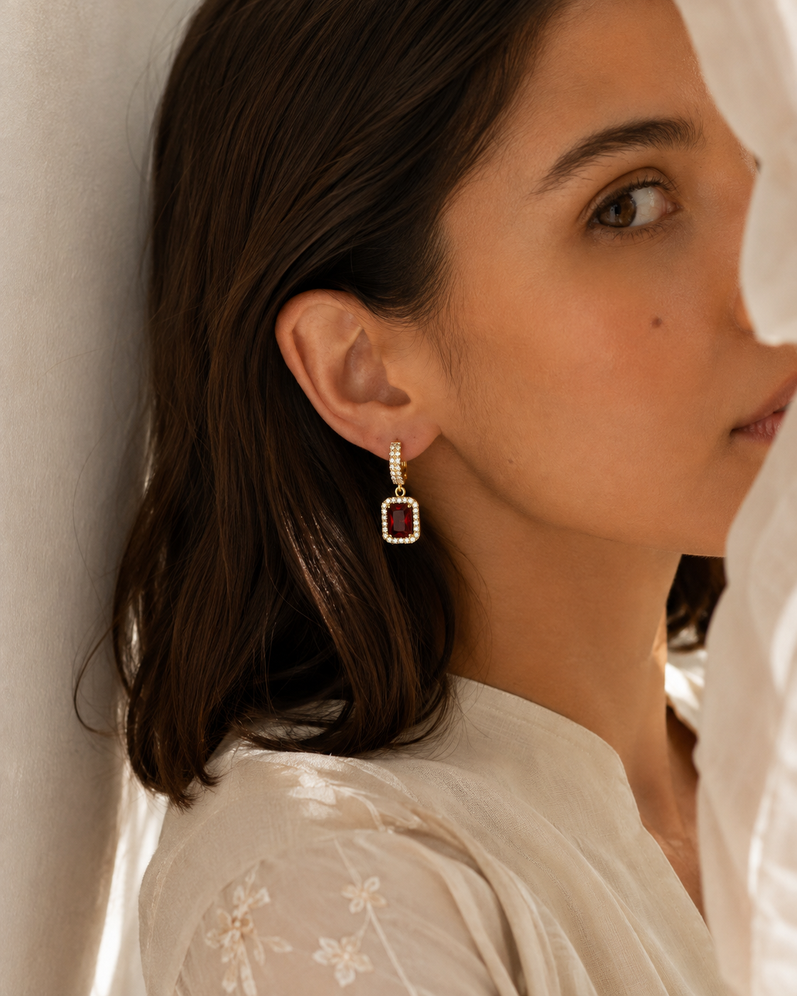 Ruby Halo Rectangle Huggie Earrings