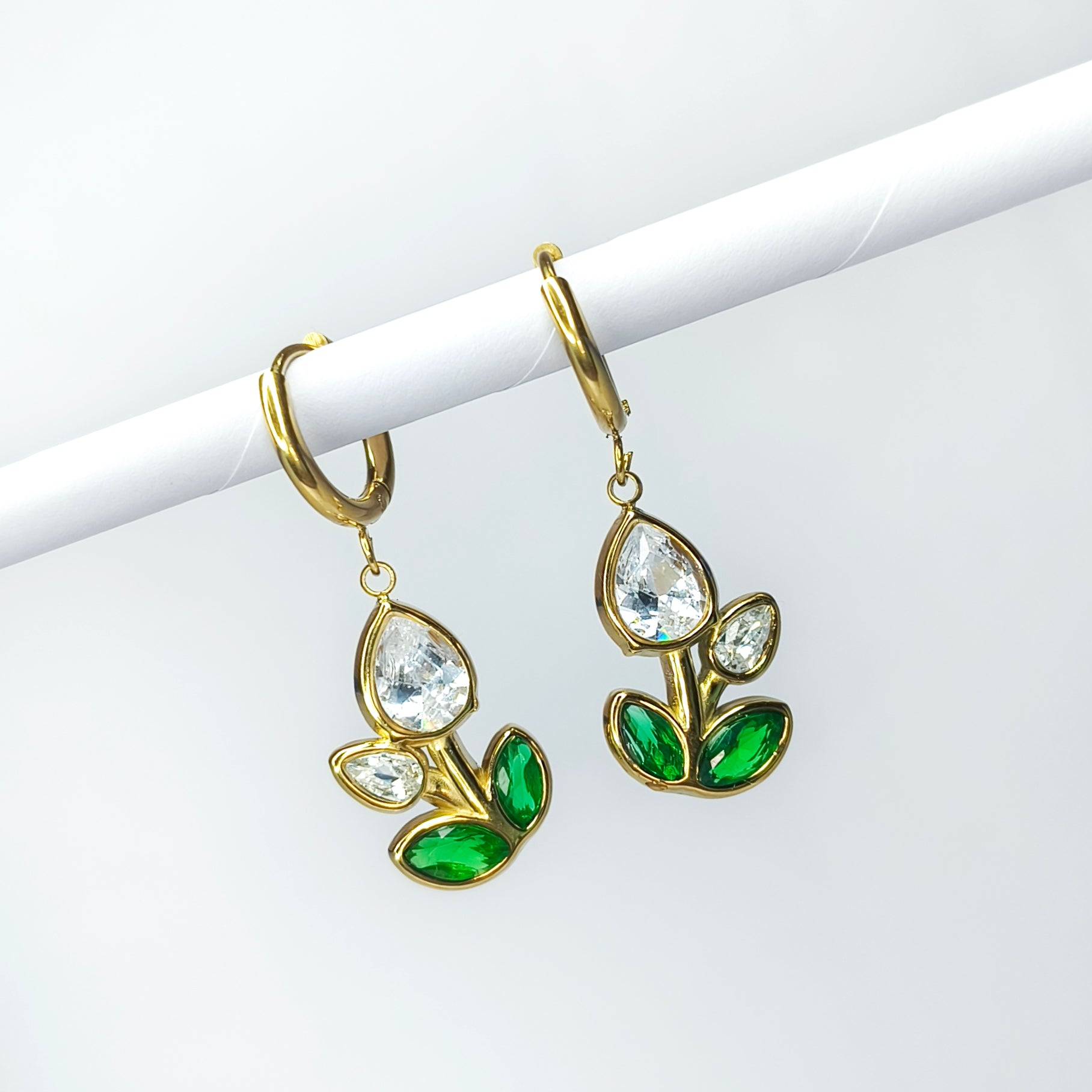 White Crystal Tulip Floral Drop Earrings