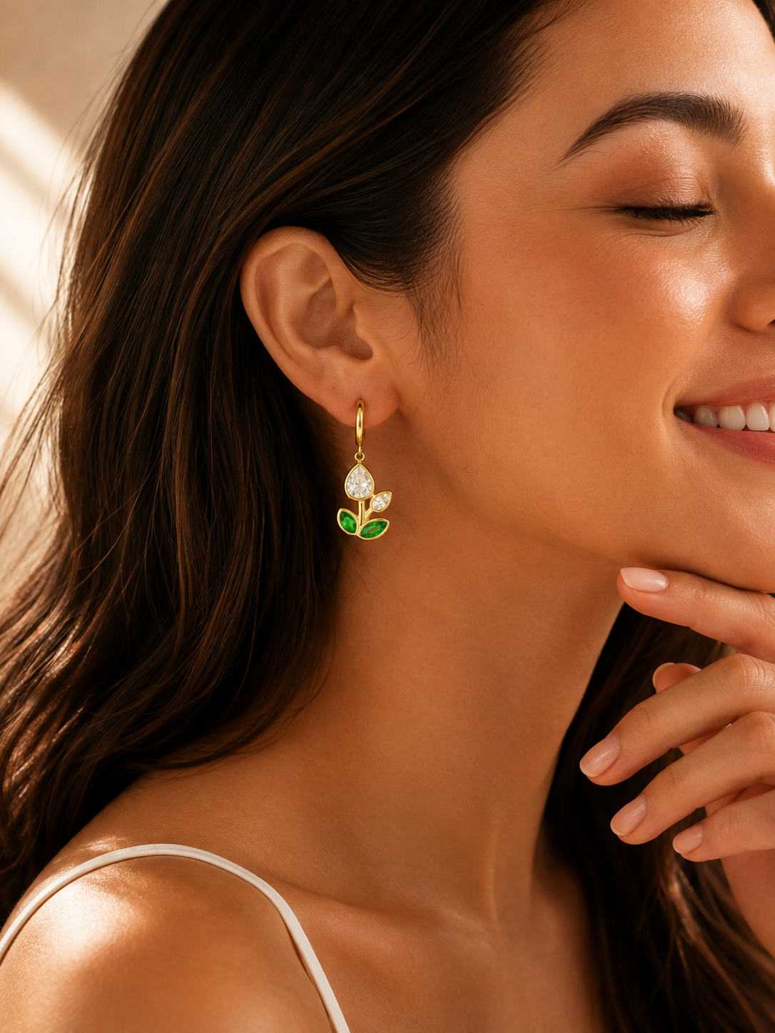 White Crystal Tulip Floral Drop Earrings