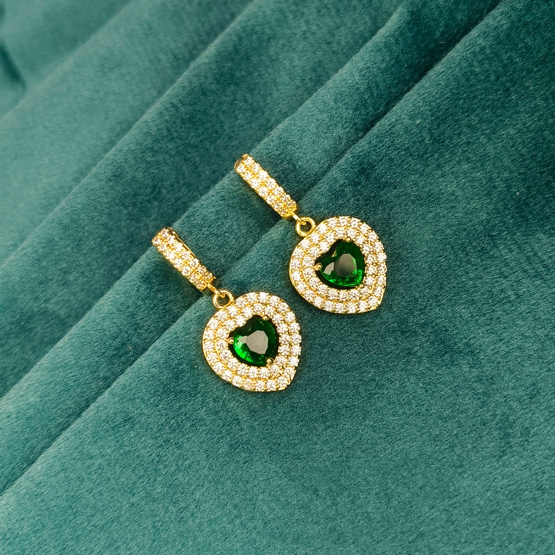 Emerald Heart Halo Huggie Earrings
