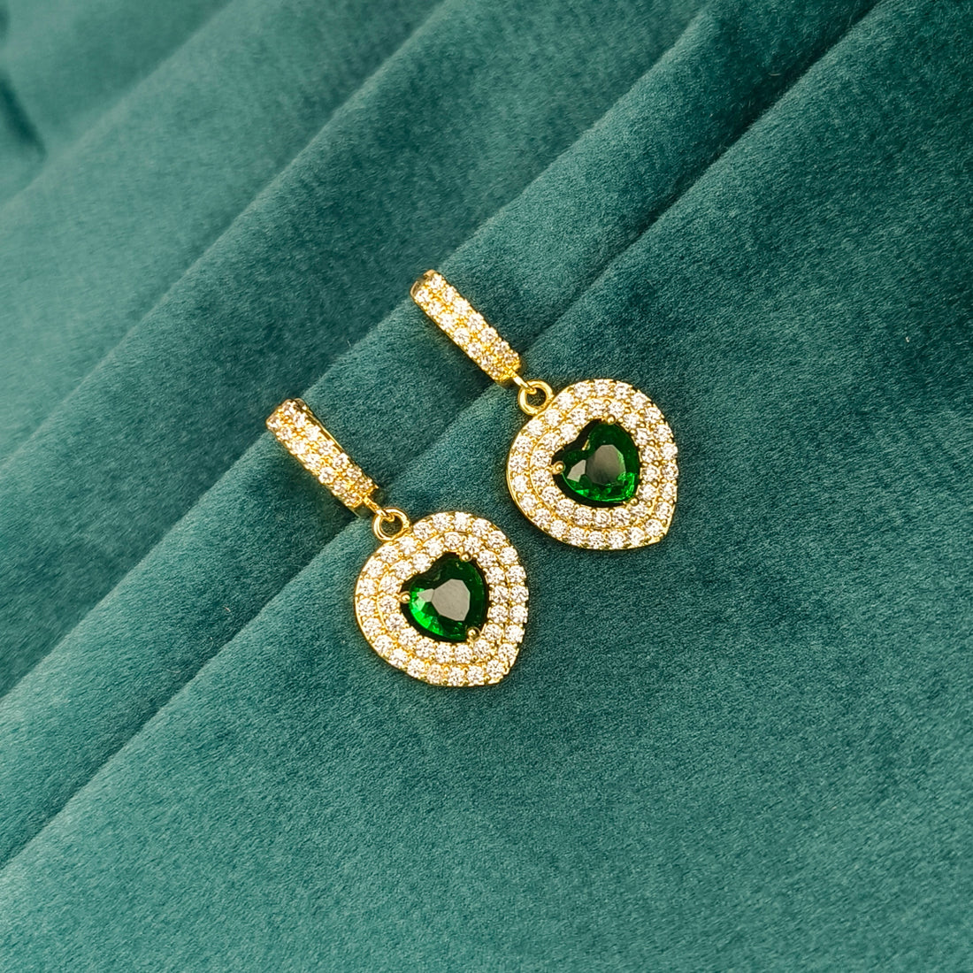 Emerald Heart Halo Huggie Earrings
