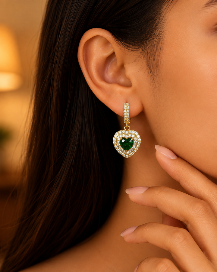 Emerald Heart Halo Huggie Earrings