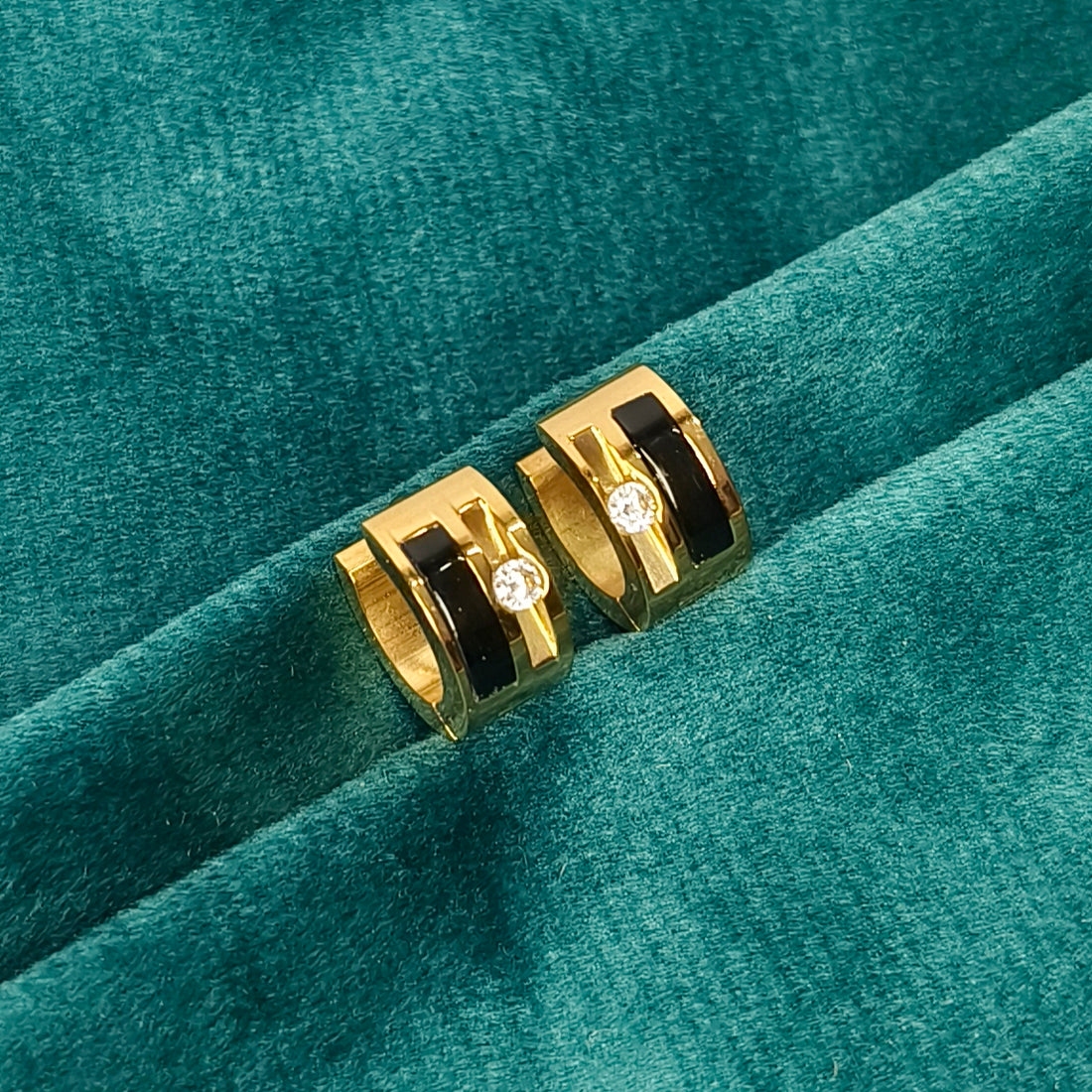 Black Enamel Crystal Huggie Earrings
