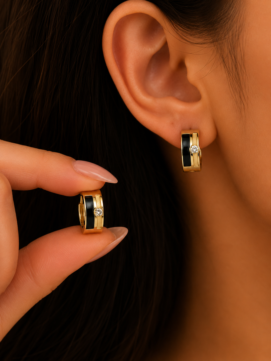 Black Enamel Crystal Huggie Earrings