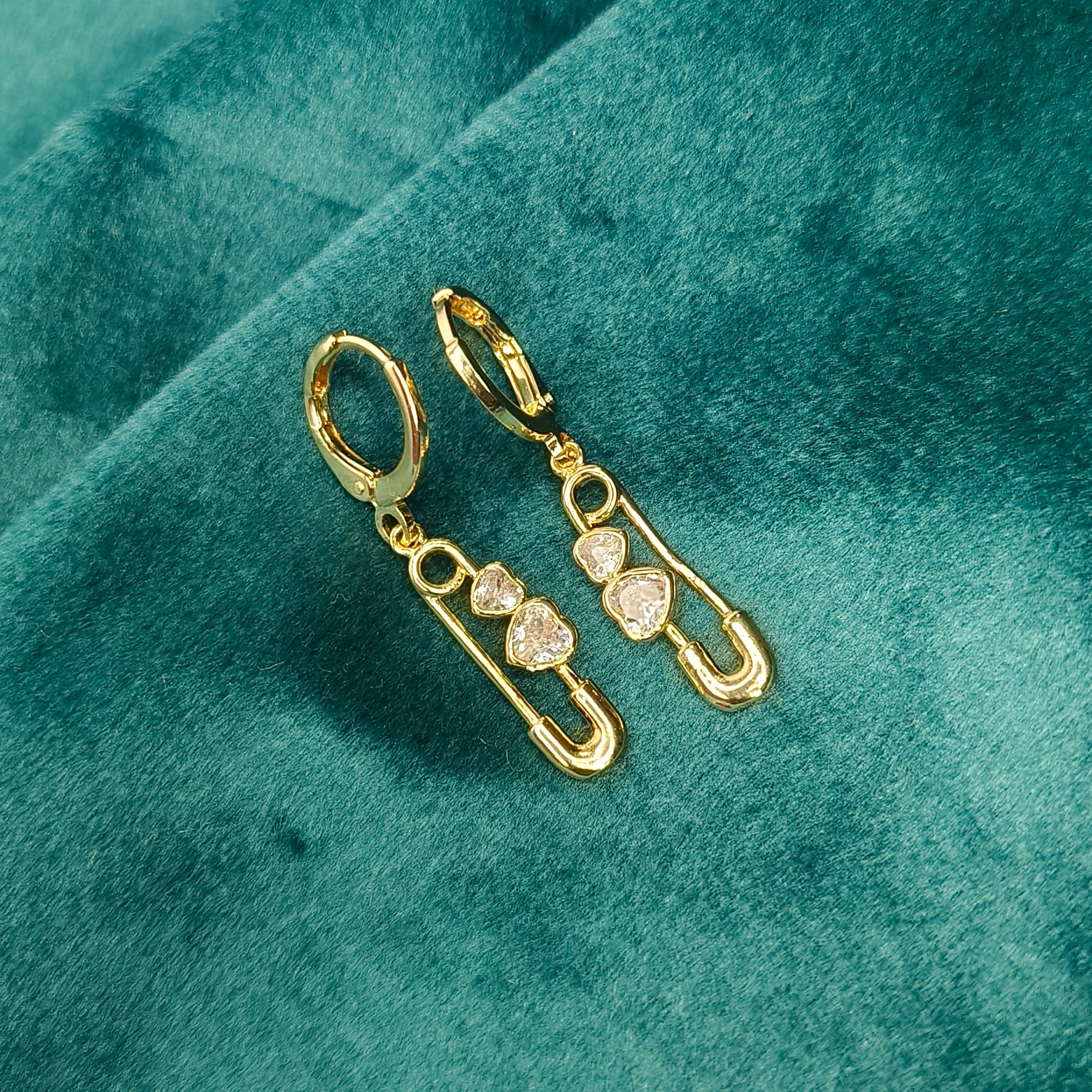 Crystal Heart Safety Pin Drop Earrings
