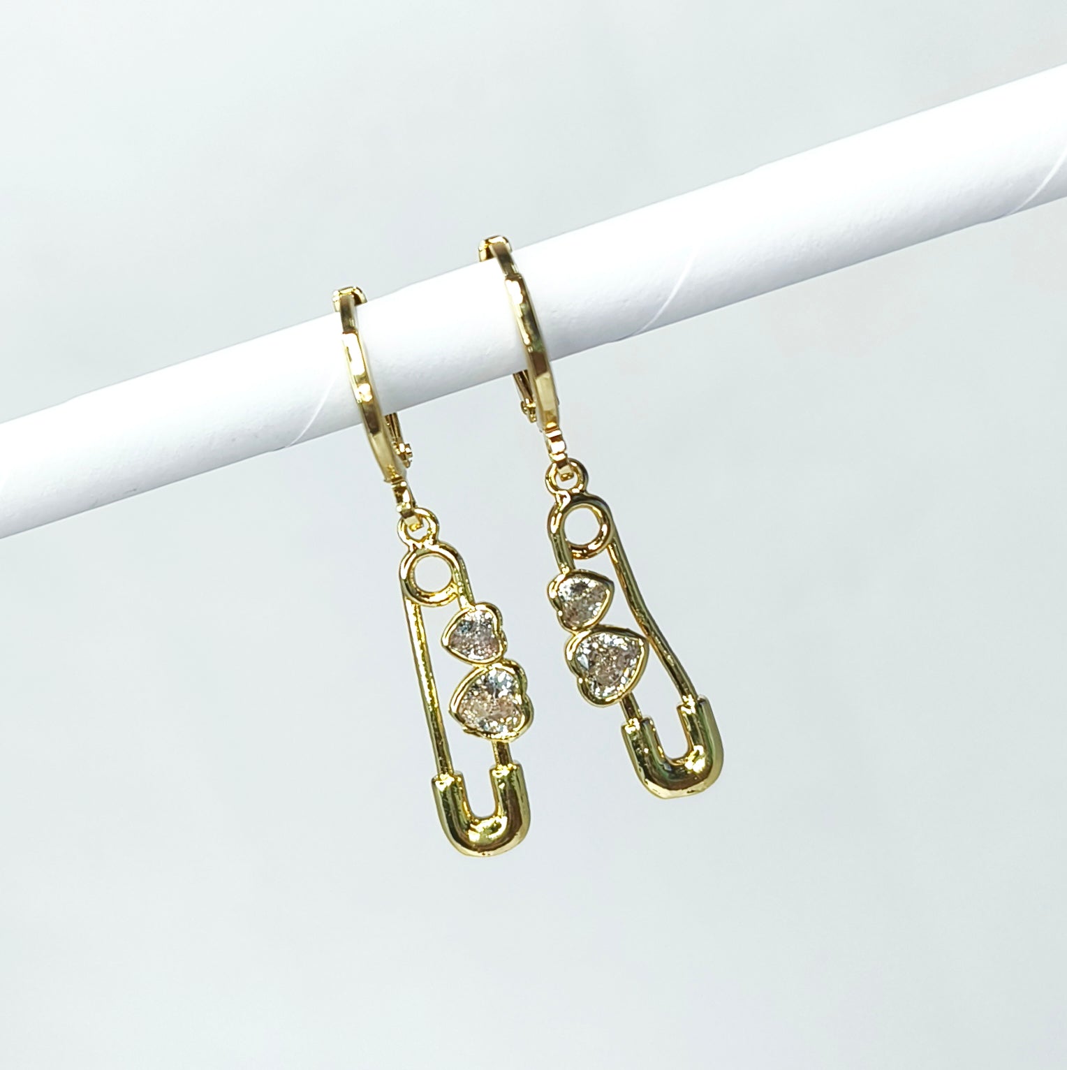 Crystal Heart Safety Pin Drop Earrings