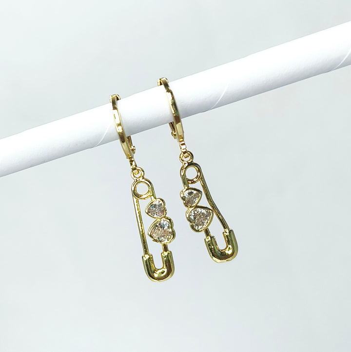 Crystal Heart Safety Pin Drop Earrings