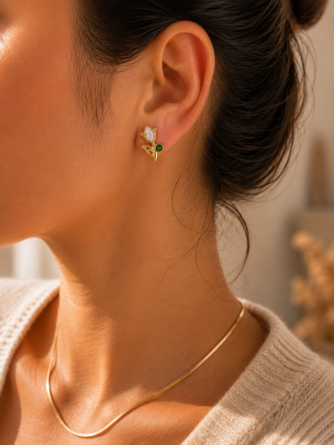 Emerald Tulip Bloom Stud Earrings