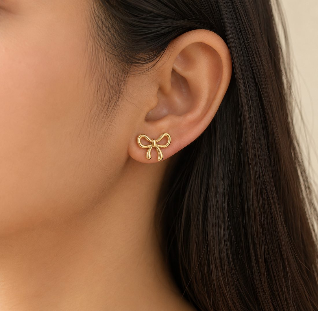Golden Bow Ribbon Stud Earrings