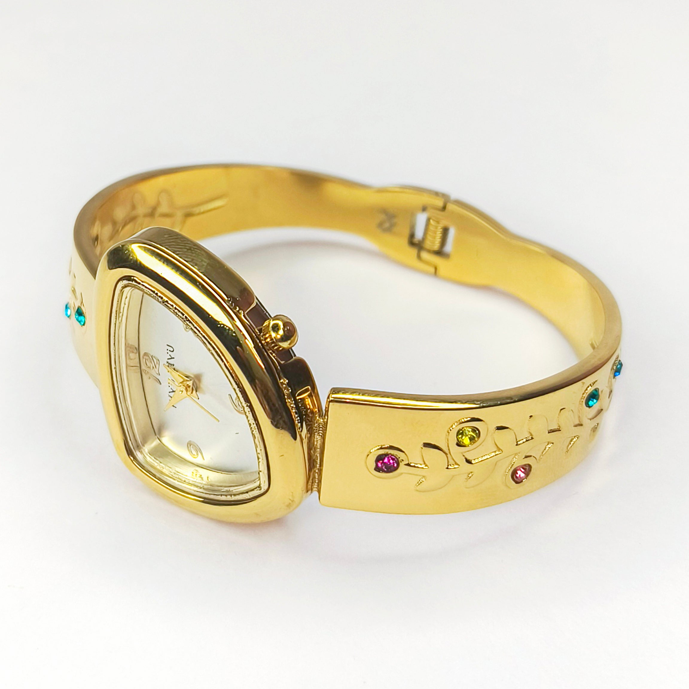 Gold-tone women's bangle watch with a triangular face and colorful gemstone accents