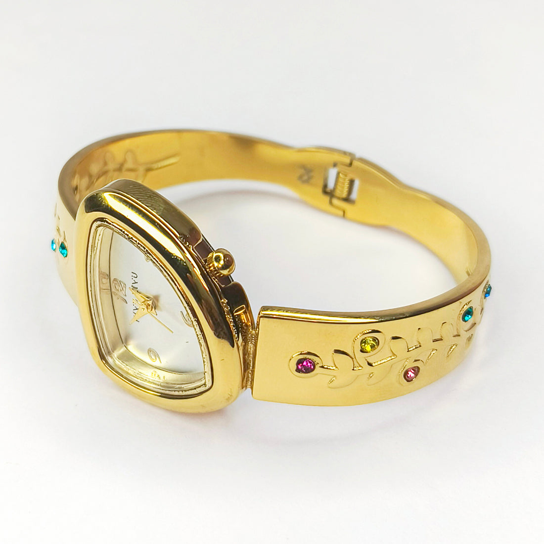 Gold-tone women's bangle watch with a triangular face and colorful gemstone accents