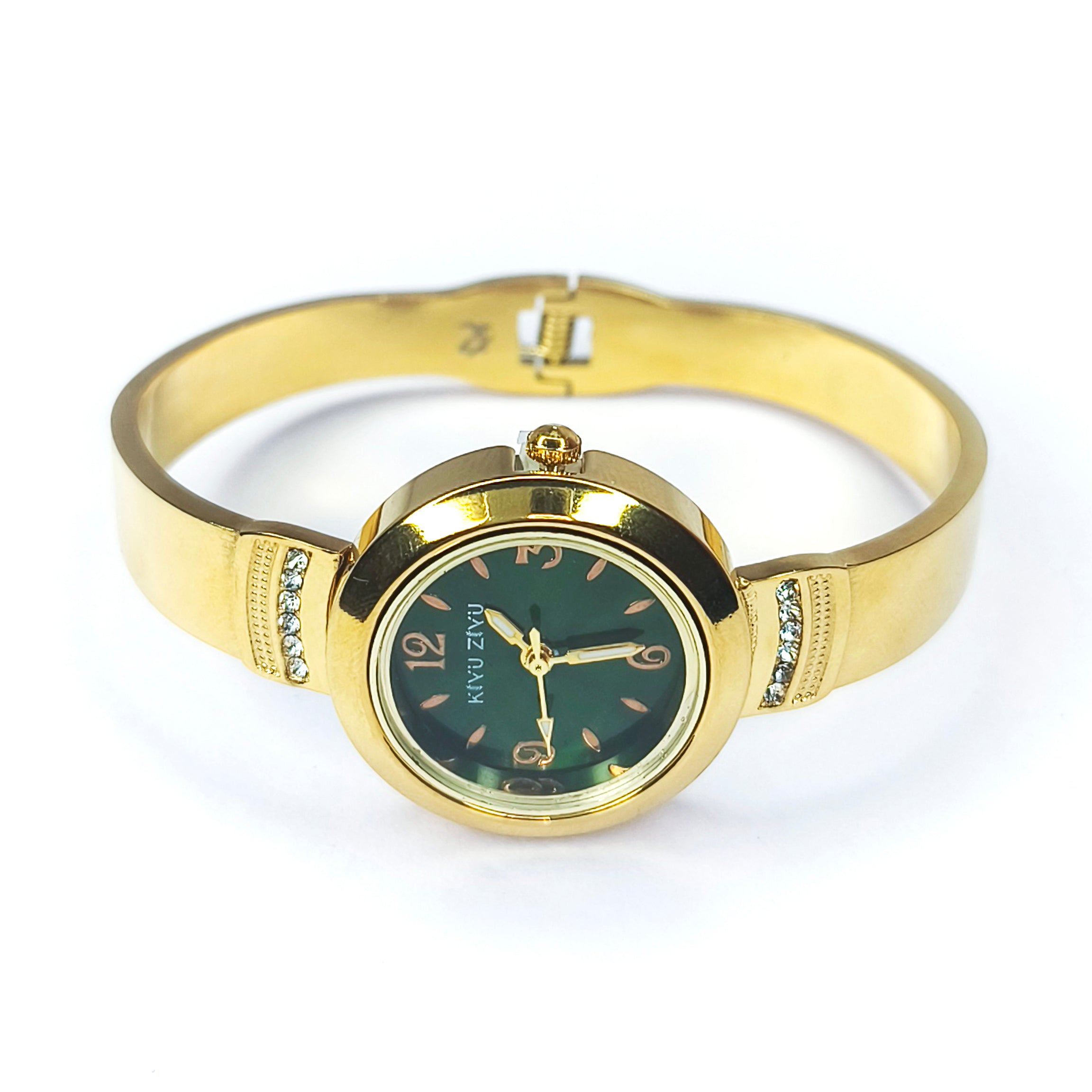 Elegant gold bangle watch with a dark green dial and sparkling rhinestone accents.