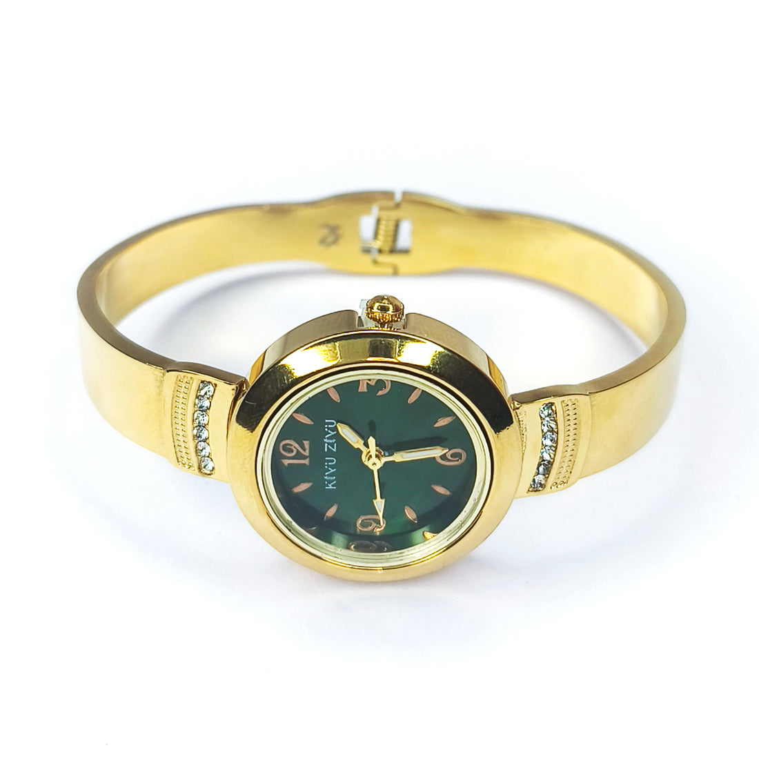 Elegant gold bangle watch with a dark green dial and sparkling rhinestone accents.