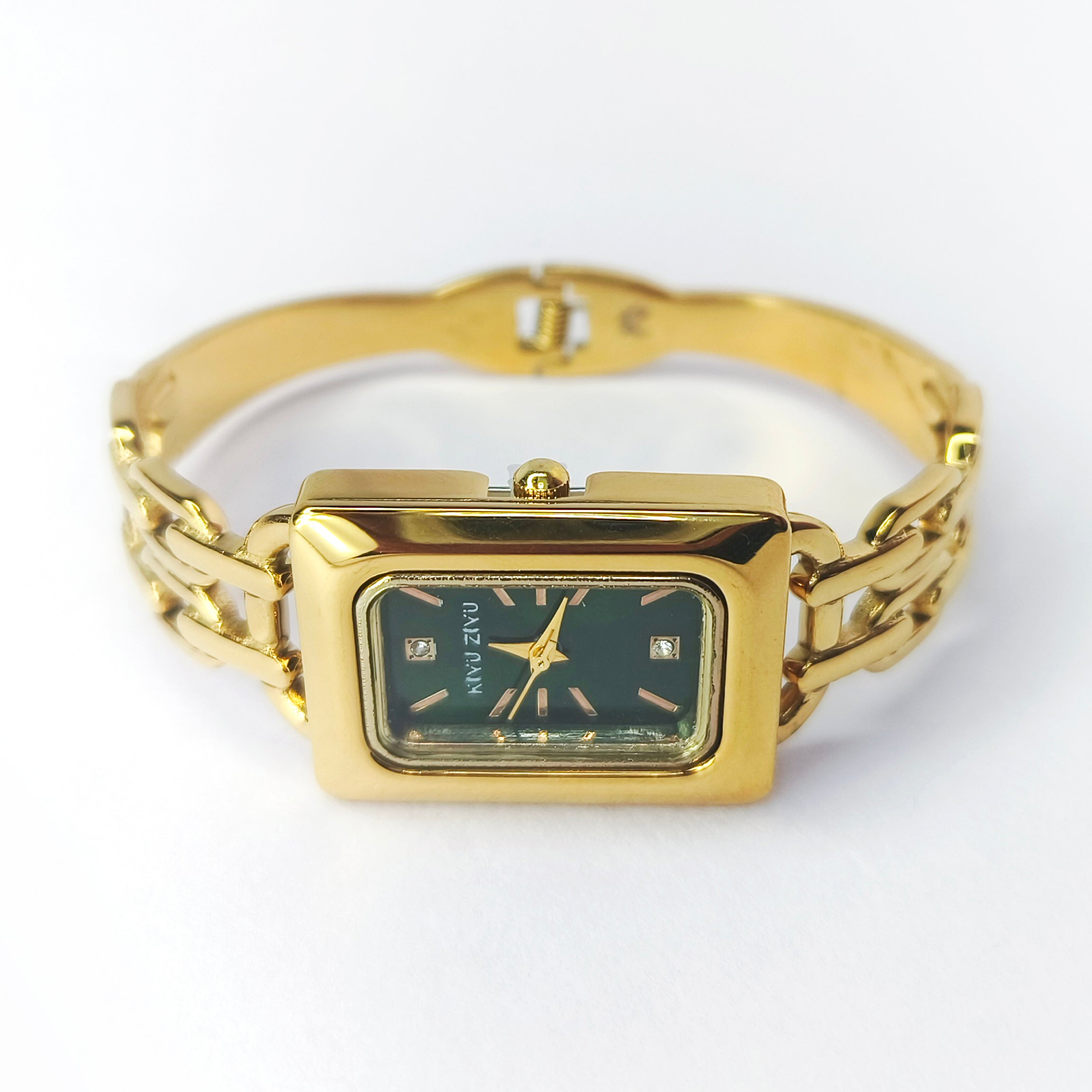 Elegant gold rectangular ladies watch with a dark green dial and metallic bracelet