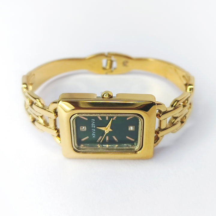 Elegant gold rectangular ladies watch with a dark green dial and metallic bracelet
