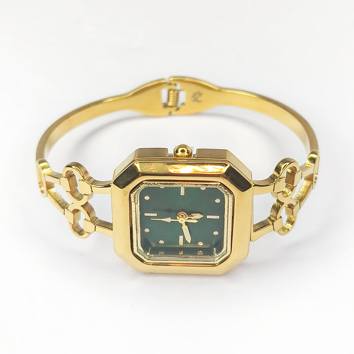 Gold Clover Motif Square Dial Bracelet Watch