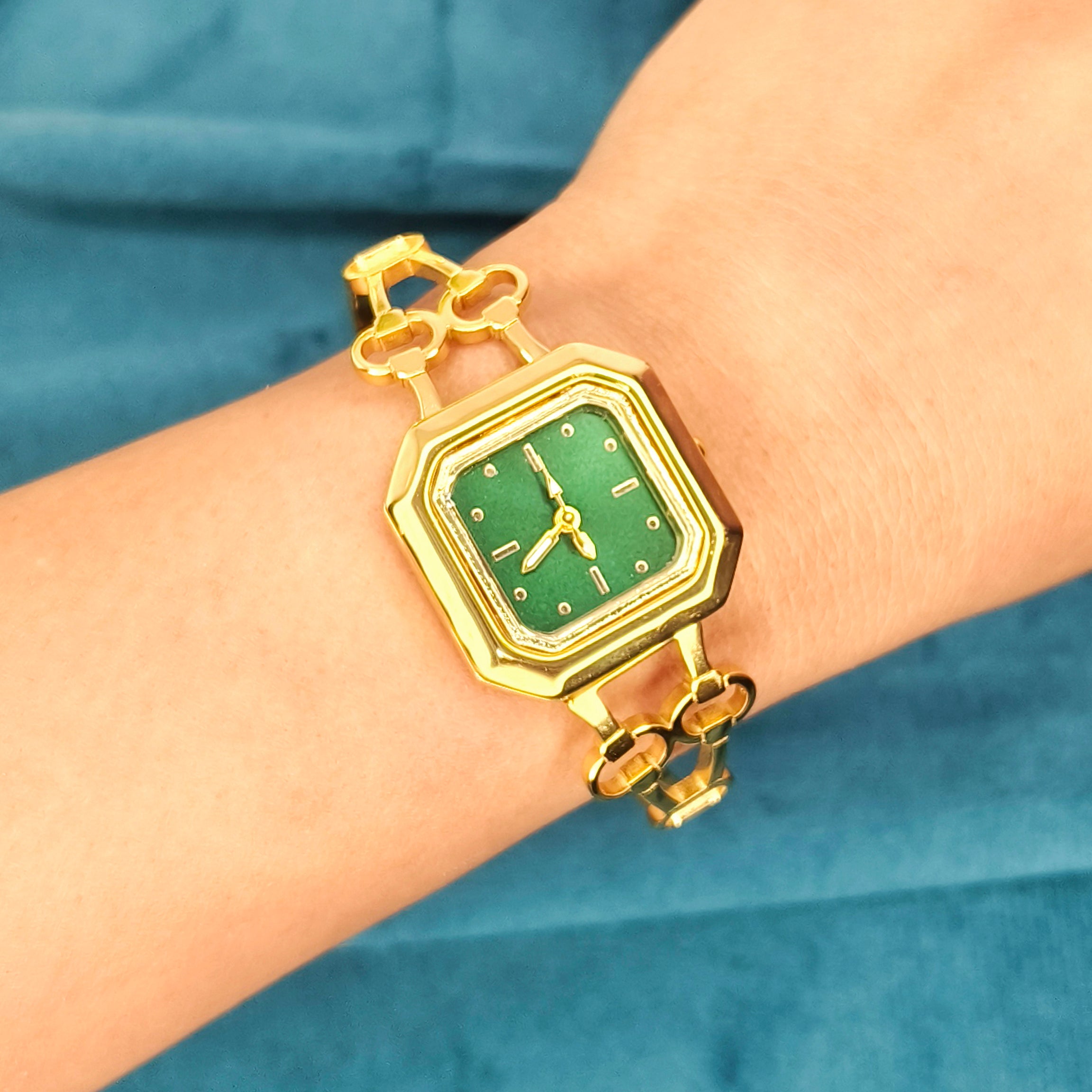 Gold Clover Motif Square Dial Bracelet Watch